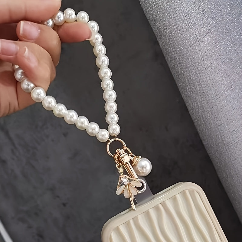 New Fashionable Women's Imitation Pearl Short Mobile Phone Lanyard Wrist Strap, Butterfly Beads Keychain, Mobile Phone Strap, Bag Pendant, Small Gift